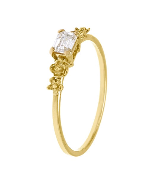product shot of Fine Ring with 0.25ct Emerald Cut Diamond & Floral Details by Alex Monroe Jewellery