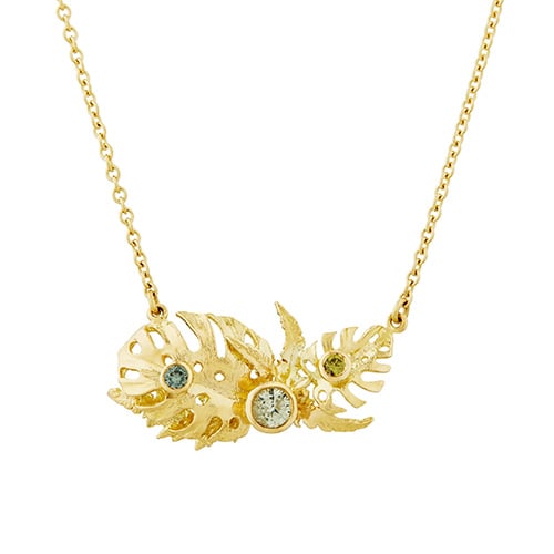  product shot of Tropical Leaf Inline Necklace with 'Tunstall' Sapphires by Alex Monroe 
