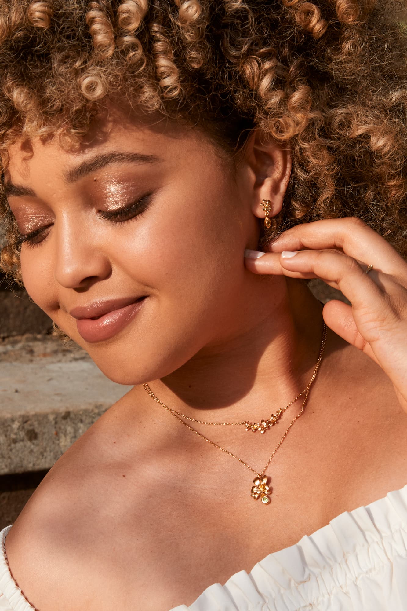 Model wears periot gemstone Humble Beginnings Necklaces layered with earrings silver 22ct fairmined Gold Plate