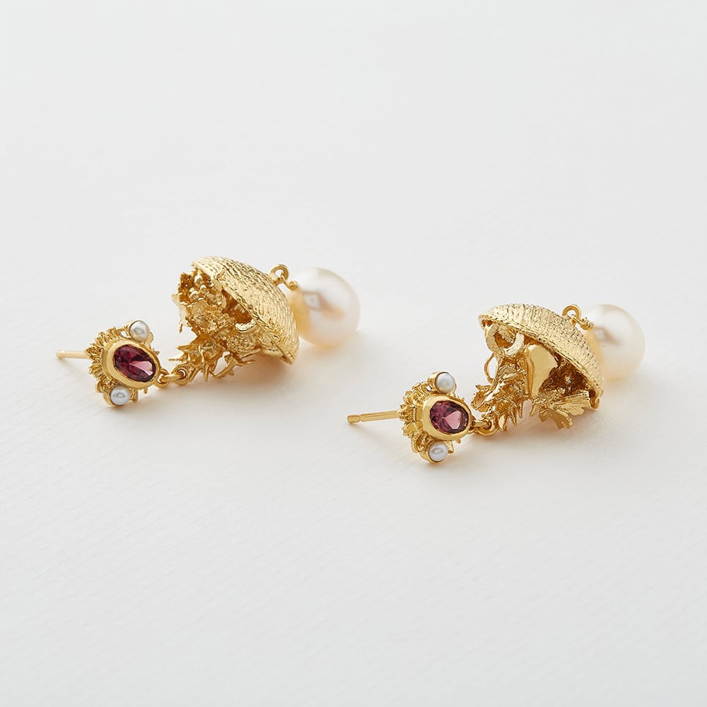 Paper shot of Fruit Basket Earrings with Rhodolite Garnet & Freshwater Pearl by Alex Monroe Jewellery