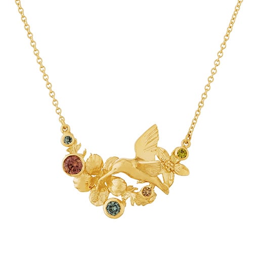 product shot of Hummingbird, Flower & Leaf Inline Necklace with Tropical Mix Sapphires by Alex Monroe jewellery