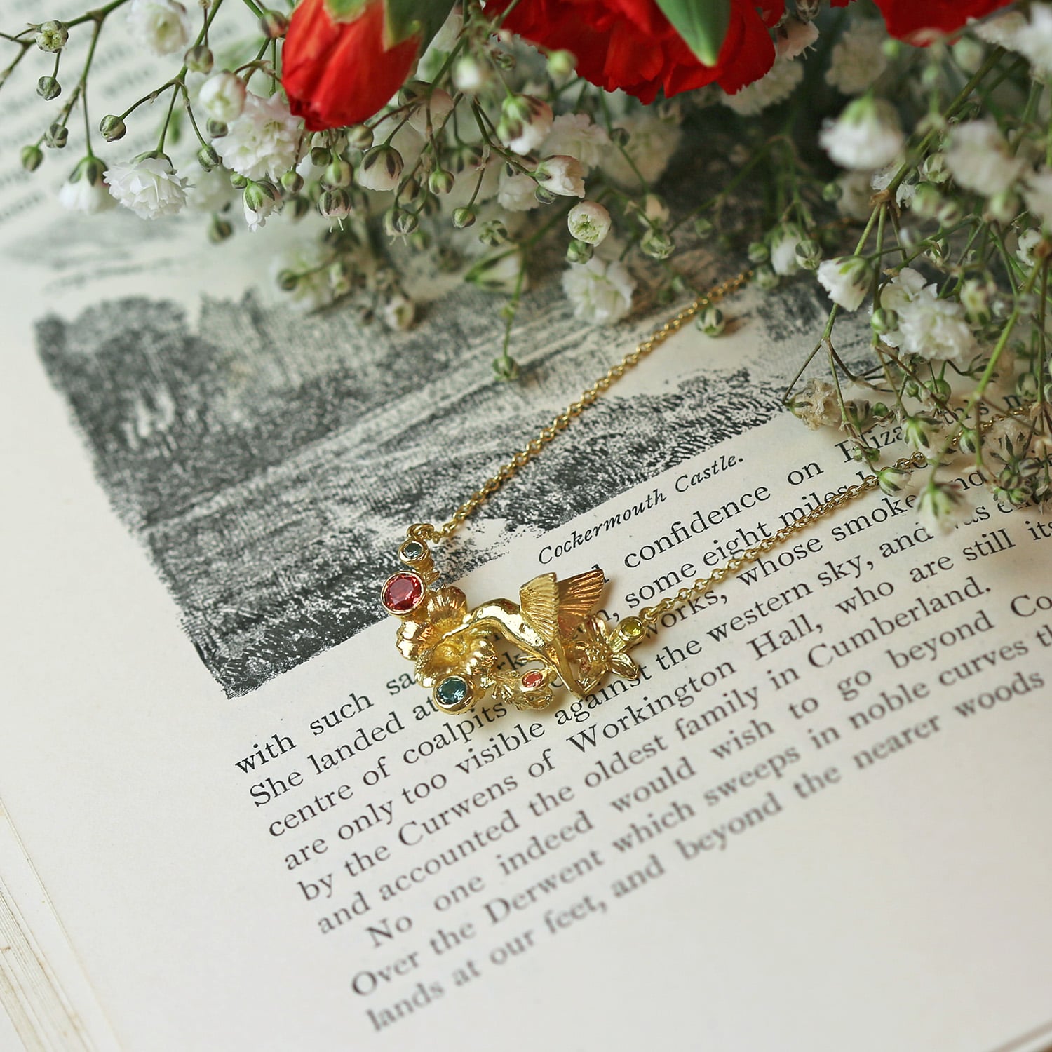 Hummingbird, Flower & Leaf Inline Necklace with Tropical Mix Sapphires by Alex Monroe Jewellery