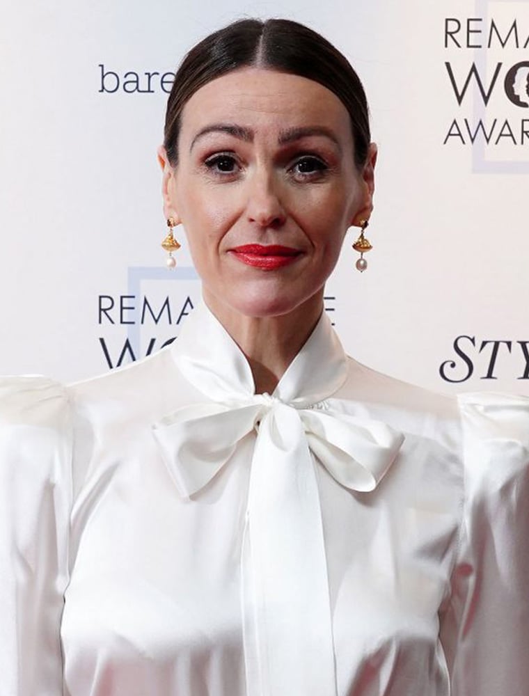 Suranne Jones wearing Alex Monroe's Banquet | Fruit Basket Earrings with Rhodolite Garnet & Freshwater Pearl