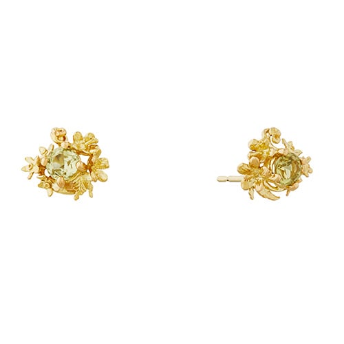 product shot of Tiny Tropical Flower Stud Earrings with Green-Yellow Sapphires by Alex Monroe