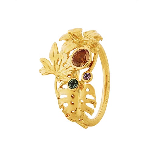 Product shot of Tropical Leaf & Flower Ring, with 'Hot House' Madagascan Sapphires by Alex Monroe Jewellery 