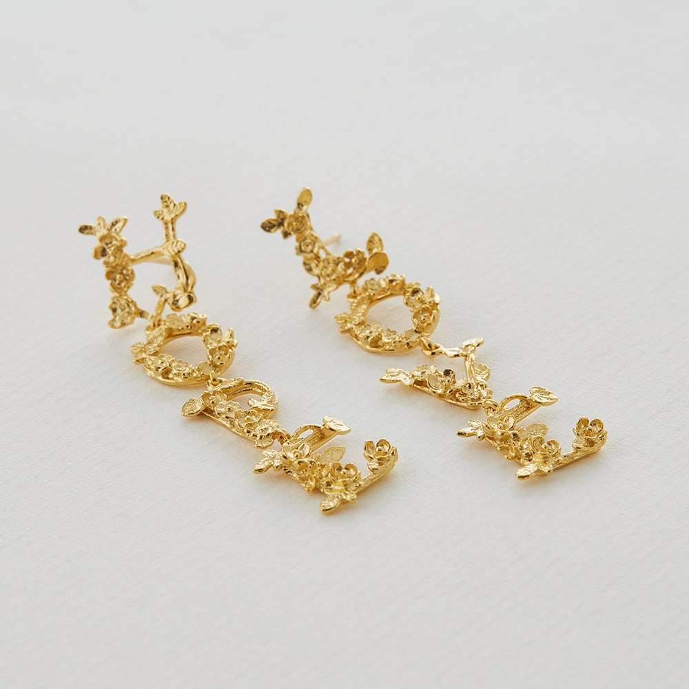 Paper shot L O V E & H O P E Asymmetric Drop Earrings by Alex Monroe Jewellery