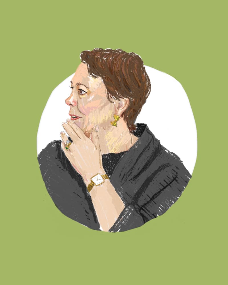 This is a Token Olivia Colman Illustration Alex Monroe Jewellery