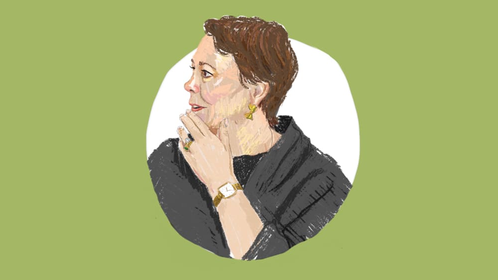 This is a Token Olivia Colman Illustration Alex Monroe Jewellery