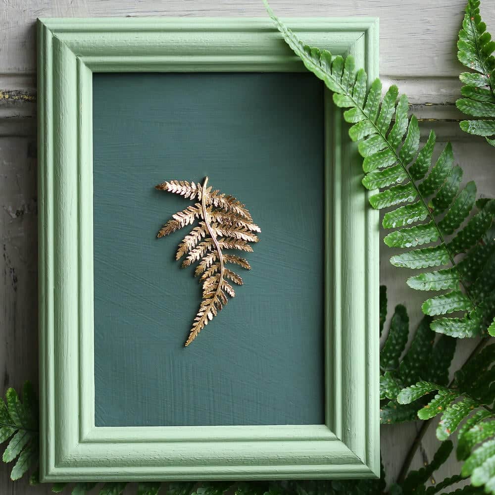 Statement gold fern earrings styled in a green frame with real fern leaves for a botanical display