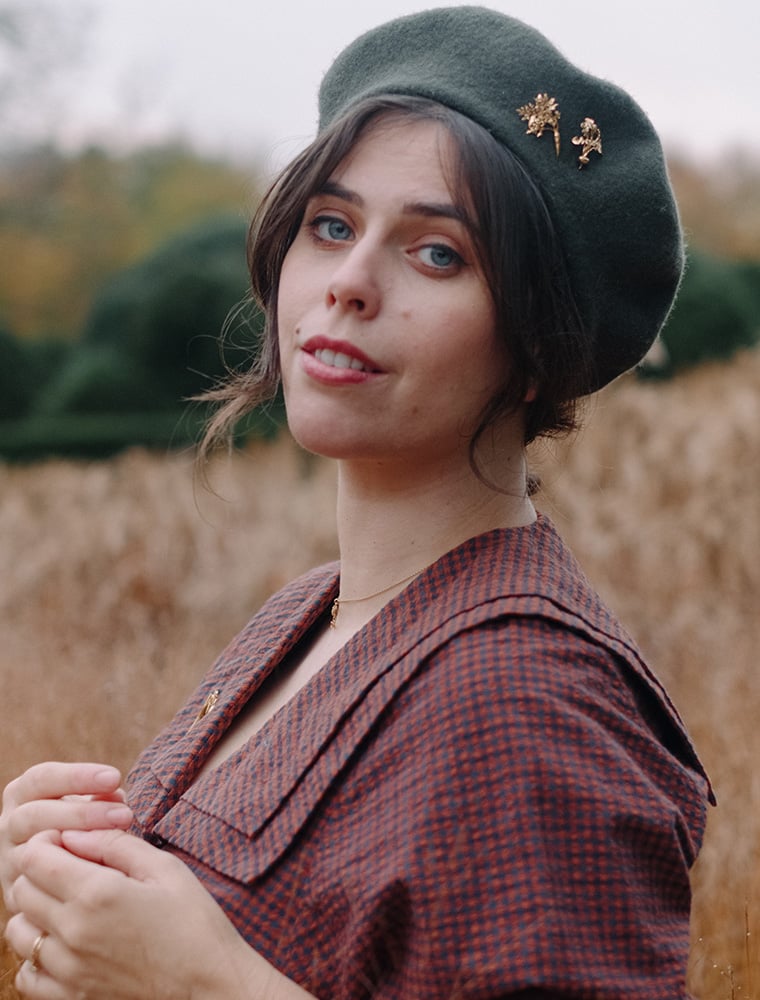 @wishwishwish wear gold plated Carrot Pin and Turnip Pin by Alex Monroe Jewellery