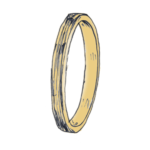 Line illustration of a classic design Alex Monroe wedding ring with yellow gold.