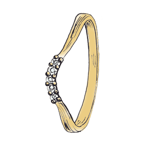 Line illustration of a curved design Alex Monroe wedding ring with blue diamonds set in the curve with yellow gold.