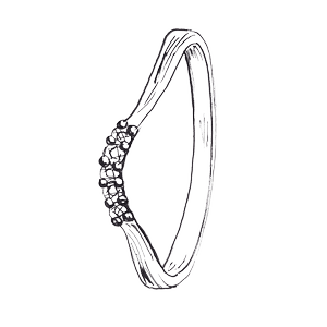 Line illustration of a curved design Alex Monroe wedding ring with diamonds set in the curve.