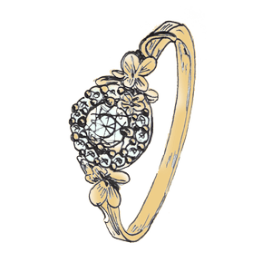 Line illustration of a floral design Alex Monroe Halo engagement ring with blue diamonds and yellow gold.