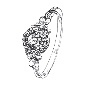Line illustration of a floral design Alex Monroe Halo engagement ring.