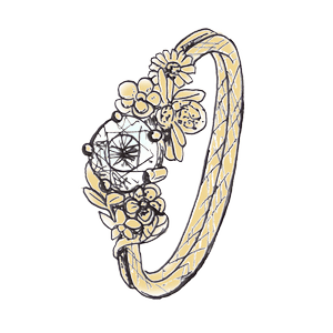 Line illustration of a floral design Alex Monroe Solitaire engagement ring with blue diamond and yellow gold.