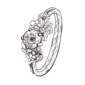 Line illustration of a floral design Alex Monroe Solitaire engagement ring.
