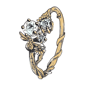 Line illustration of a floral and bee design Alex Monroe Trilogy engagement ring with blue diamonds and yellow gold.
