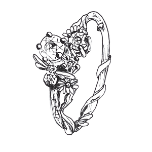 Line illustration of a floral and bee design Alex Monroe Trilogy engagement ring.