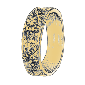 Line illustration of a floral design Alex Monroe wide wedding ring with yellow gold.