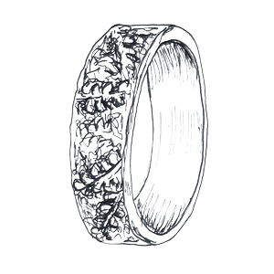 Line illustration of a floral design Alex Monroe wide wedding ring.